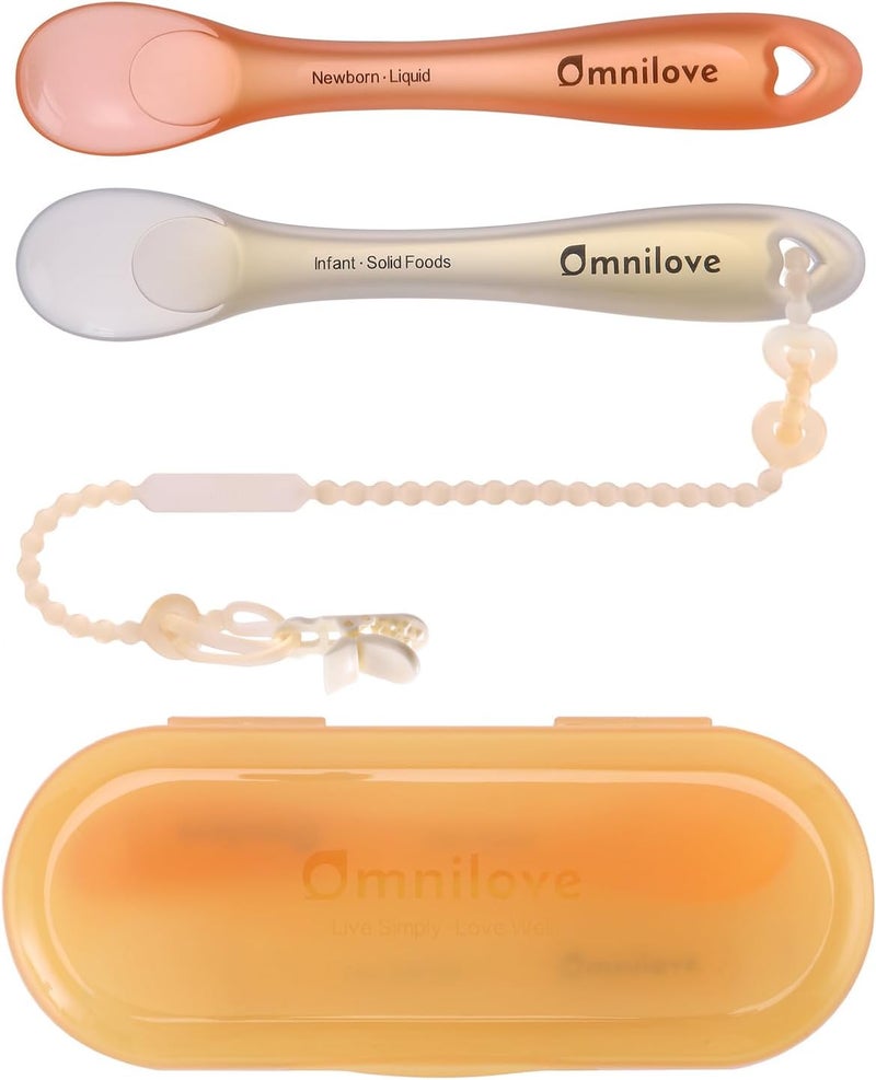Omnilove Silicone Baby Spoons 2-Pack with Case, New Born Self Feeding Toddler Spoon, Baby Led Weaning Supplies, Toddler Utensils with Safety Chain, Baby Eating Essentials, Dishwasher Safe - Image 1
